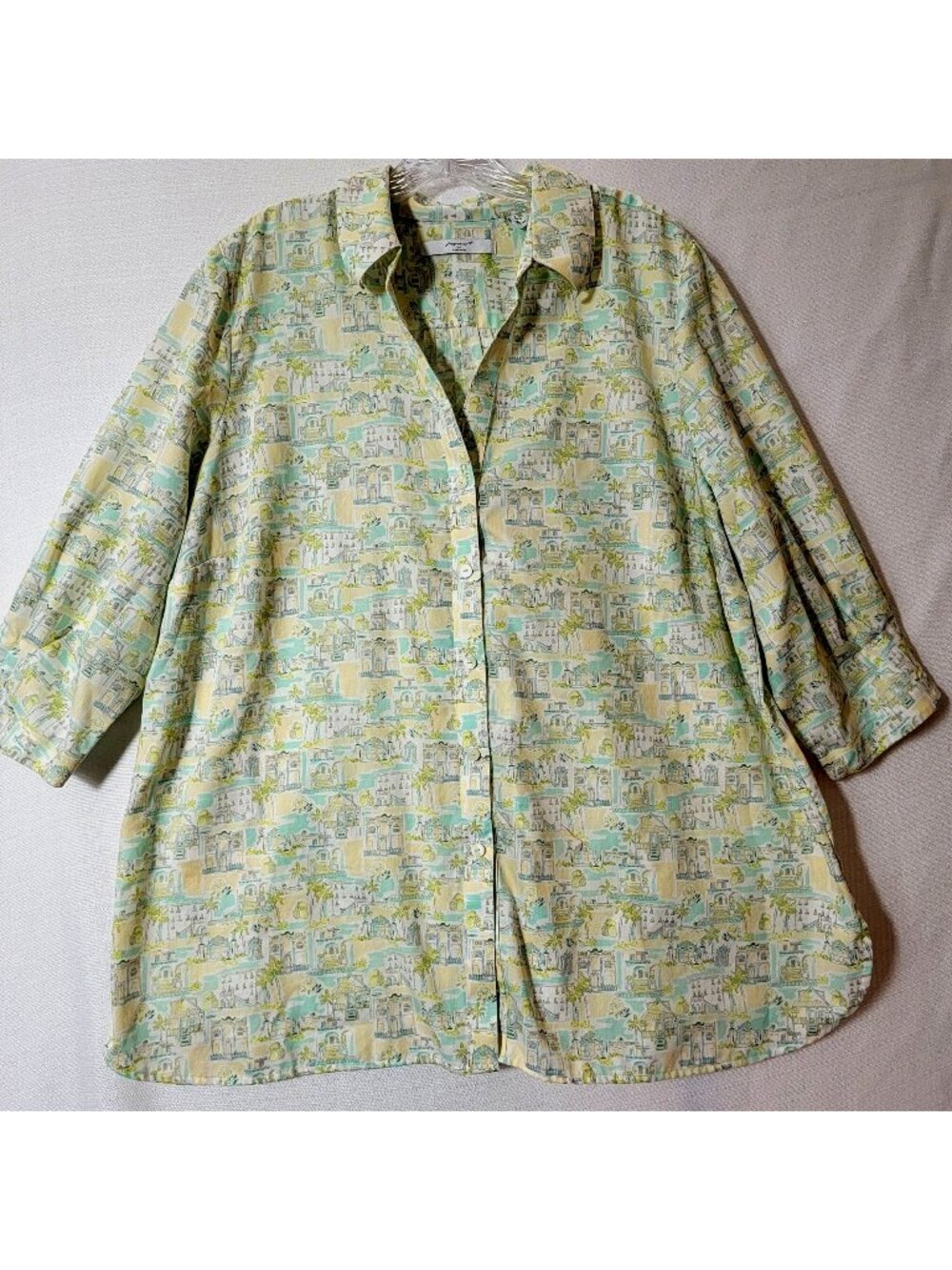 Foxcroft Button Down Shirt Womens Sz 18W 3/4 Pleated Sleeves Yellow & Pale Teal